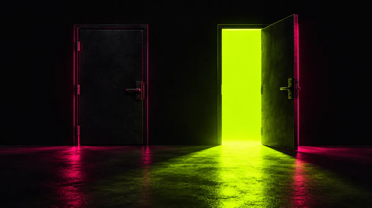 Deux portes dans le noir, l'une fermee et l'autre ouverte sur une lumiere verte, illustrant une plateforme qui ferme la porte aux personas IA et une autre qui l'ouvre