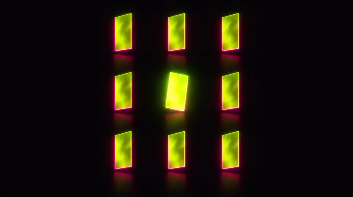 Grille de neuf panneaux lumineux identiques dont un se detache, illustrant la generation repetee d'un meme persona