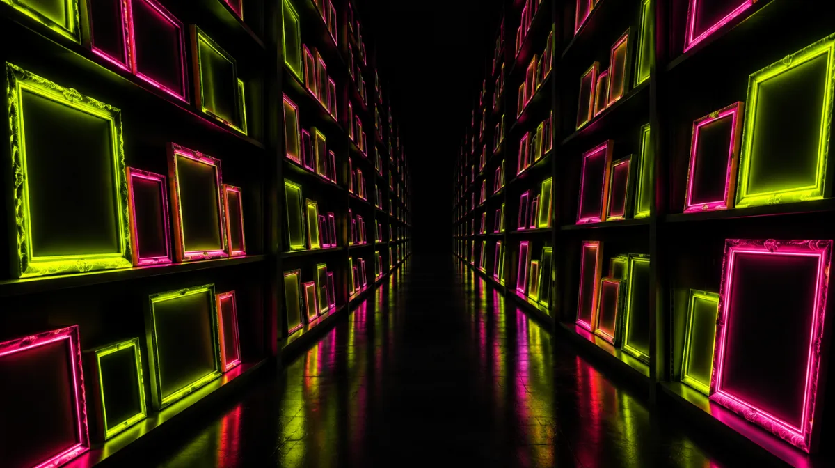 Rayonnages de cadres vides lumineux s'enfoncant dans le noir, illustrant une bibliotheque de contenu constituee a l'avance