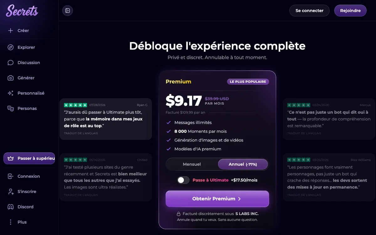 Capture d'écran de la page des tarifs de Secrets.ai, 3 octobre 2026