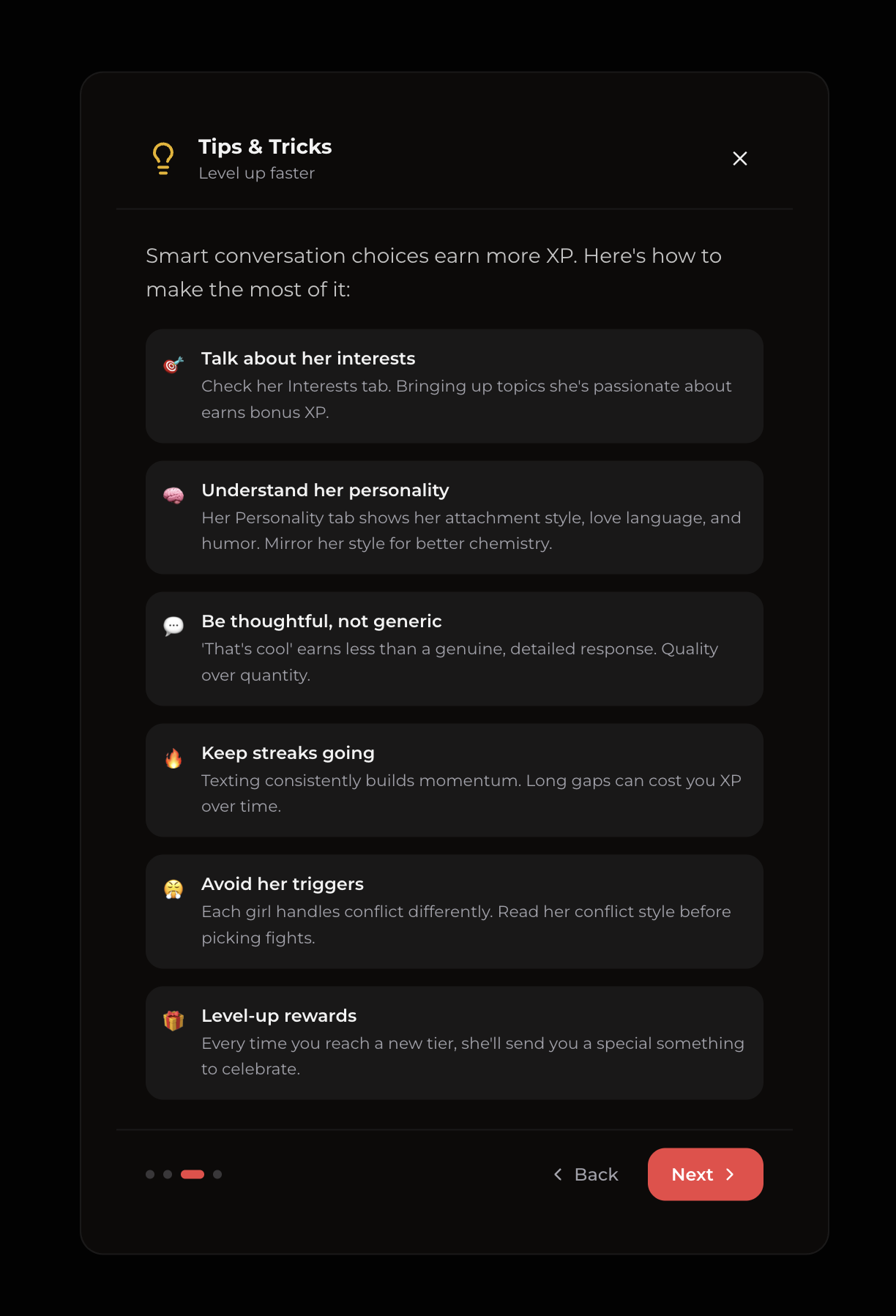 Écran Tips and Tricks de Xotic AI pour monter de niveau plus vite : parler de ses centres d'intérêt, soigner ses réponses, garder le rythme, éviter ses points sensibles