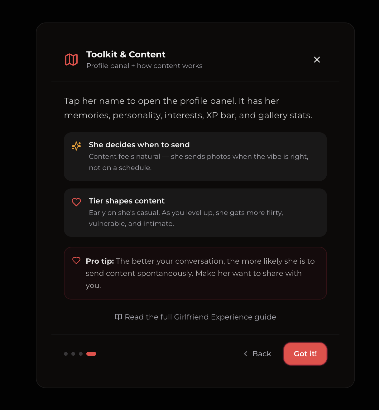 Écran Toolkit et Content de Xotic AI : elle décide quand envoyer des photos, et le niveau de la relation façonne le contenu
